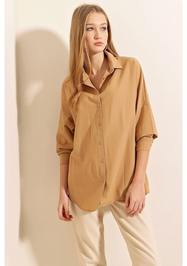 Bigdart 3900 Oversize Uzun Basic Gömlek - Bisküvi 001