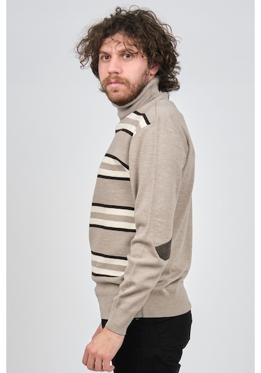 Mısırlı Erkek Tam Balıkçı Çizgili Yün Kazak 3869077 Bej Bej