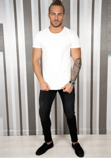 Deepsea Erkek Krem Sıfır Yaka Dar Kesim Likralı Düz Basic Tişört 1801131 False Krem