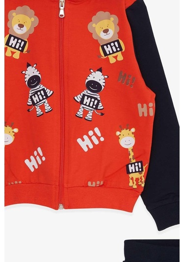 Erkek Bebek Çocuk Pamuklu Hayvanlar Alemi Baskılı Kapüşonlu Eşofman Takım-13389-turuncu Turuncu