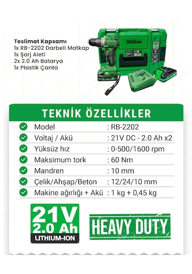 Hais Pro RB-2202 21V DC 2AH X2 Darbeli Matkap