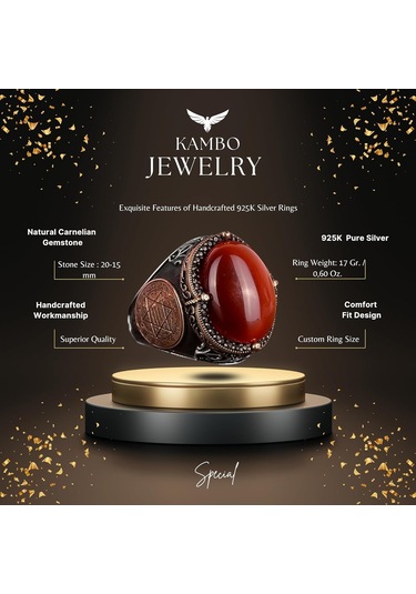 El Yapımı Sterlin Gümüş Yüzük İle Doğal Karnelyan Taşı Ve Süleyman Yıldızı Sembolü Gümüş