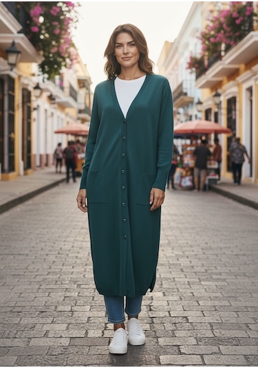 Kadın Önü Düğmeli V Yaka Cepli Mevsimlik Hırka Zümrüt