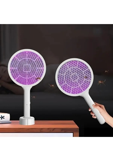 Boatshop1 Usb Şarj Edilebilir Beyaz El Tipi Sivrisinek Raketi Led Gece Lambalı Çift Modlu Elektrikli Böcek Öldürücü Ev Ofis Bahçe İçin