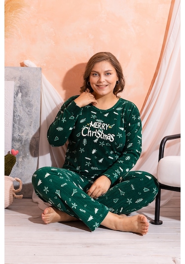 Nisanca Büyük Beden Peluş Polar Pijama Takımı- Kışlık Büyük Beden Kadın Pijama Haki