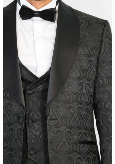 Dalgalı Desenli S Al Yaka Yelekli Siyah Smokin - Wessi Siyah