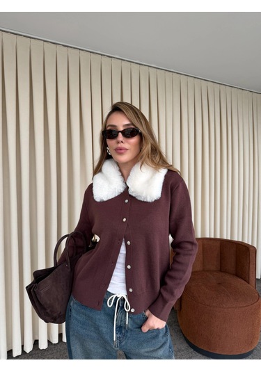 Laluvia Bordo Yakası Kürklü Hırka - 261002 Bordo