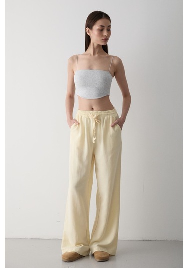 Sarı Beli Lastikli Bol Paça Pantolon Sarı
