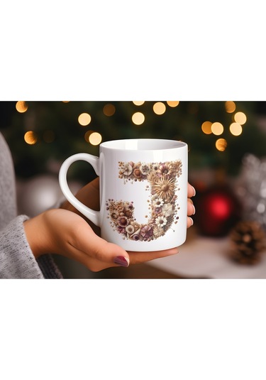 J Harfi Çiçek Desenli Kupa Bardak - Alfabe Harfleri İle Doğal Çiçekli Kupa - Hediye Fikir Beyaz