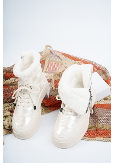 Khayt Violetta Su Geçirmez Kürklü Fermuarlı Kadın Kar Bott Bej