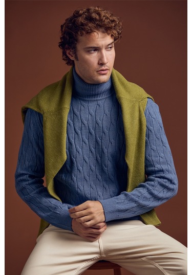 Tam Balıkçı Saç Örgü Triko Kazak - Indigo 001