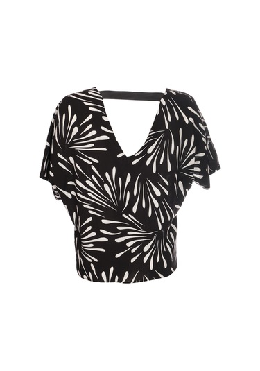 Ysatis Oversize V Yaka Kısa Kol Crop Bluz - Yazlık Siyah