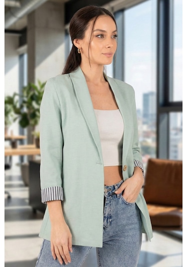 Armonika Kadın Mint Kol İçi Çizgili Tek Düğmeli Ceket Arm-22k001122
