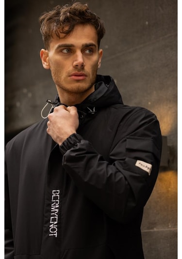 Yarn İçi Astarlı Suya Dayanıklı Kapşonlu Fermuarlı Yağmurluk - Siyah Siyah