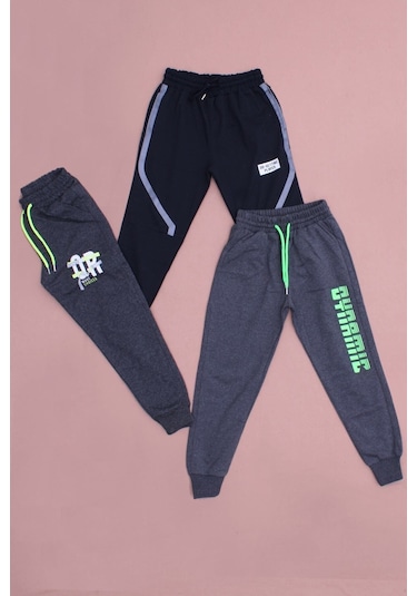 3lü Farklı Baskı Detaylı Beli Lastikli Erkek Çocuk Eşofman Altı Füme - Siyah