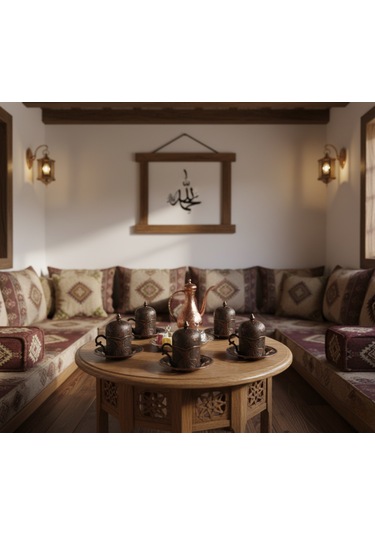 Semazen 6 Kişilik Porselenli Kapaklı Bakır Renkli 24 Parça Fincan Seti Bakır