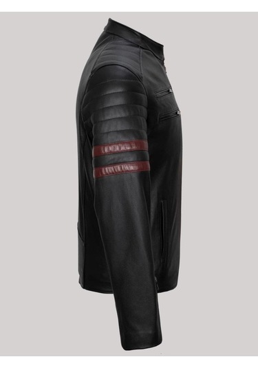 Hakiki Kuzu Derisi Siyah Erkek Deri Mont Dik Yaka Kolları Fermuarlı Deri Ceket Siyah