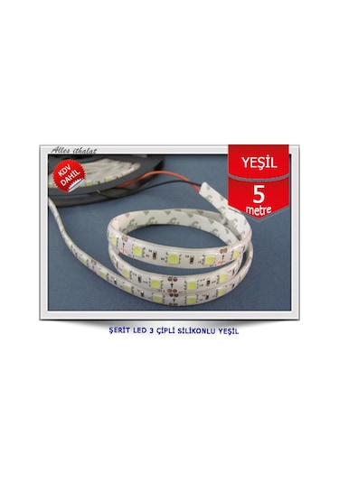 24v Yeşil Şerit Led Dış Mekan, 3 Çipli 5050 Smd, Silikonlu, Ip65, 60 Led/metre