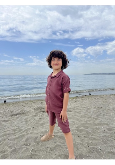 Kolları Nakışlı Gömlek Şort Keten Erkek Çocuk Takım Mürdüm Mürdüm