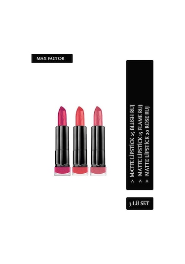 Max Factor Matte Lipstick Ruj 15 Flame + 20 Rose + 25 Blush