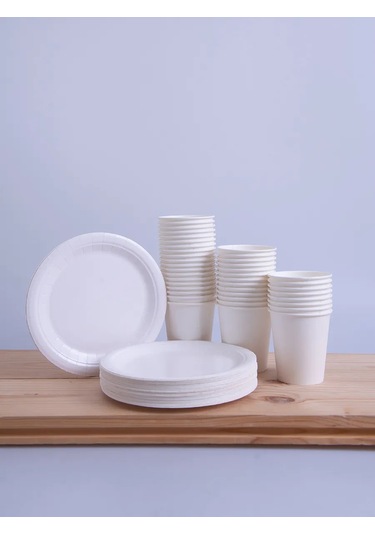Mideko 50 Tabak + 50 Bardaklı Tek Kullanımlık Sofra Seti 300260369 Beyaz