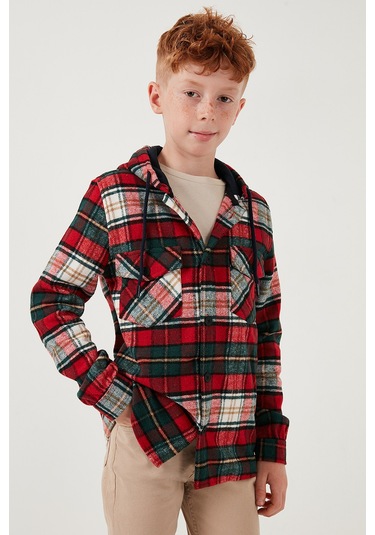 Lela Ekoseli Kapüşonlu Cepli Kışlık Oduncu Erkek Çocuk Gömlek Cf24W81779 Kırmızı-Yeşil