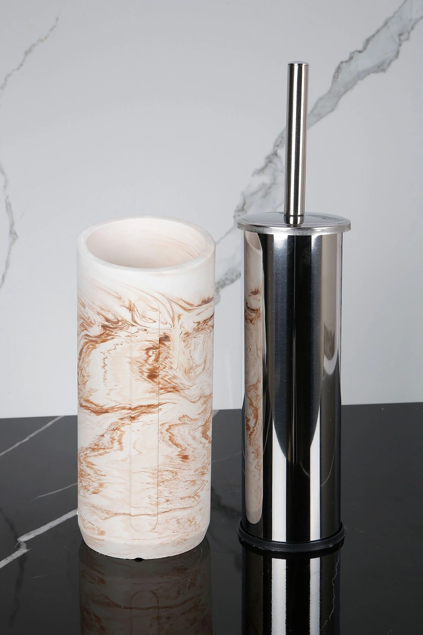 4 Parça Mermer Desenli Beton Banyo Wc Seti Tuvalet Fırçası Çöp Kovası 4 Litre Mermer Deseni