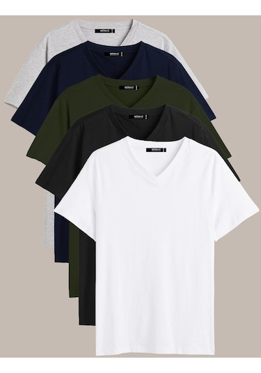Comeor Erkek Çok Renkli T- Shirt Regular Fit Rahat Kesim V Yaka 5 Haki