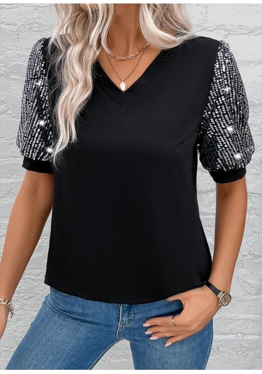Kadın V Yaka Pul Payetli Kısa Kollu Viskon Bluz