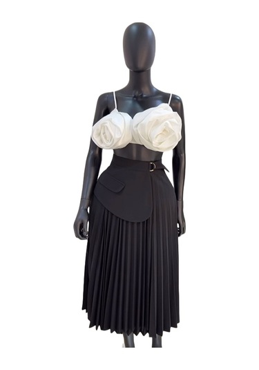 Kadınlar İçin Pileli Etekli Yüksek Bel Düzensiz Bağcıklı A Kesim Etek Siyah