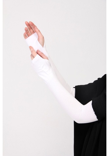 Parmak Geçmeli 45cm Likralı Penye Kolluk 1 Çift Beyaz