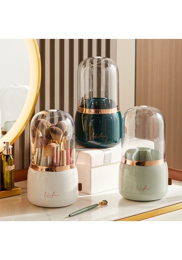 Ranyeek Beyaz Döner Kozmetik Organizer: Makyaj Fırçası, Dudak Rengi, Kaş Kalemi Saklama Kutusu - Toz Koruma, Ev Kullanıma Uygun Beyaz