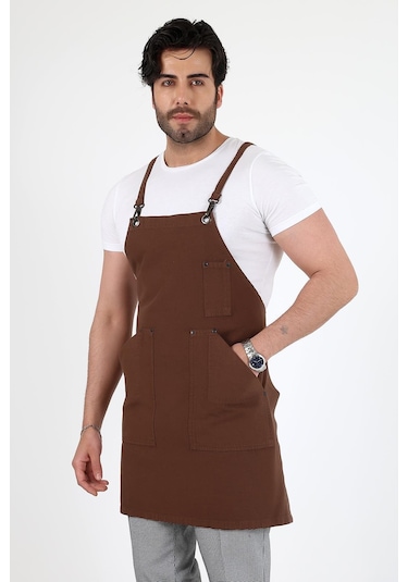 Barista Askılı Önlük Kanguru Cepli - Kahve-12779 Kahve