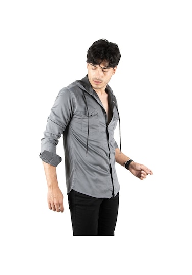 Deepsea Erkek Füme Kapüşonlu Cepli Slim Fit Gömlek Füme