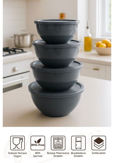 4 Lü Yuvarlak Kase Seti Antrasit 1l, 1.5l, 2.3l, 3.3l Kapaklı Çok Amaçlı Mutfak Saklama Kabı Antrasit