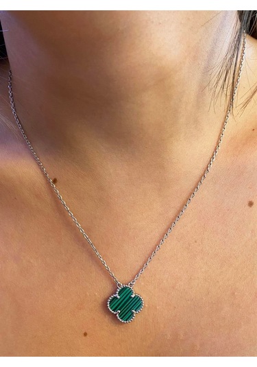 Kadın Yeşil Yonca Model Silver Renk Çelik Kolye