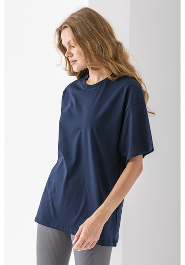 Giysa Kadın Bisiklet Yaka Düz Basic Pamuklu T-shirt Lacivert - 25501 Lacivert