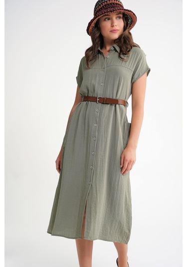 4453 Kadın Keten Cepli Midi Kemerli Elbise Haki Haki