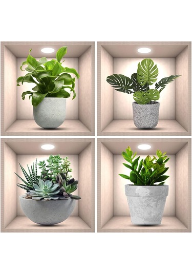 Qingmipy 3d Yeşil Bitki Duvar Sticker, 4 Adet, Vinyl, Su Geçirmez, Kolay Uygulama, 30x30cm, Çeşitli Yüzeyler İçin, Salon Dekoru Çok Renkli