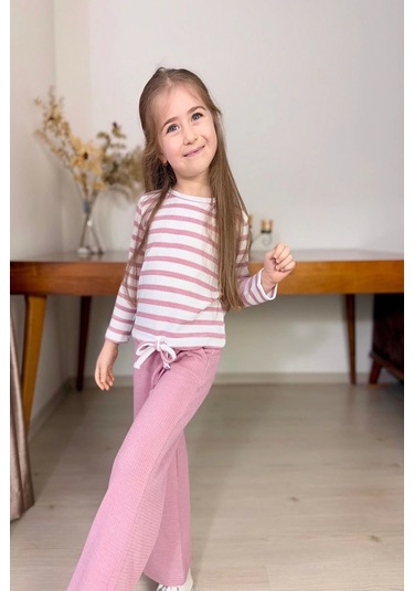 Çizgili Kız Çocuk Bol Paça Mevsimlik Pembe Renk Takım Pembe