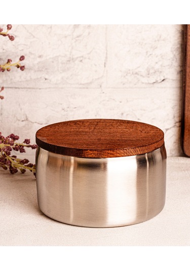 Steel&More Ahşap Kapak Çelik Çerezlik 7 Parça Sızdırmaz Saklama Kabı 12cm Gri