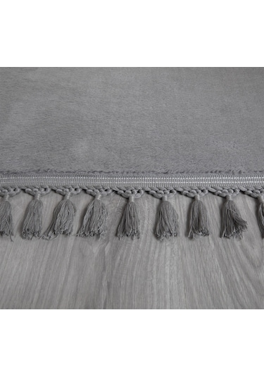 Modern Dekoratif Yuvarlak Puffy Peluş Ponpon Saçaklı Salon Oturma Odası Halısı Gri