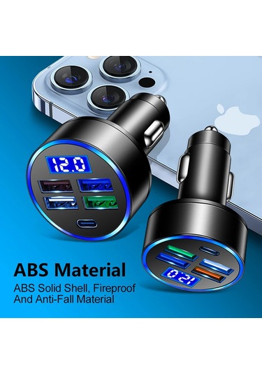 Port Usb Type C Telefon Hızlı Şarj Led Dijital Ekran Şarj Cihazı 4 Usb-siyah