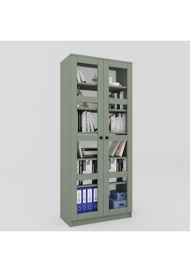 Lucas Cam Kapaklı Vitrin - Büfe - Kitaplık Ve Çok Amaçlı Dolap Ayarlanabilir Raf - Yeşil Yeşil