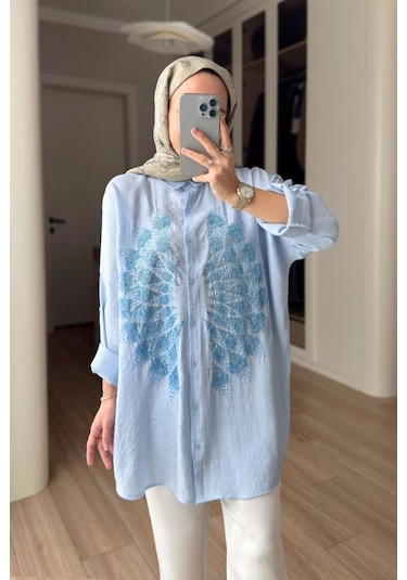 Kahijab Rose Boncuk İşlemeli Gömlek - Mavi