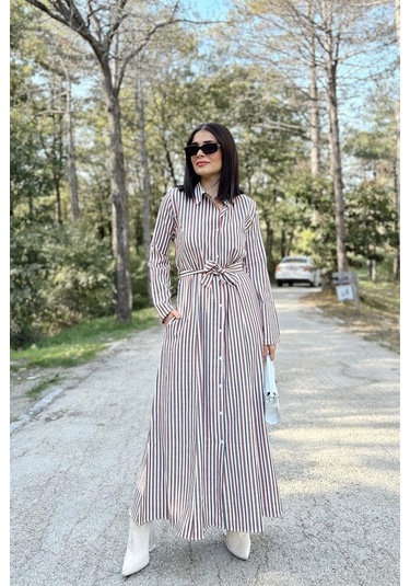 Kadın Kiremit & Ekru Çizgili Uzun Kol, Rahat Beli Kemerli, Cepli, Keten, Maksi Gömlek Elbise Kiremit