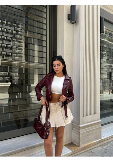 Kadın Kısa Crop Suni Deri Biker Ceket Bordo Bordo
