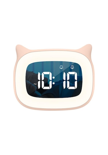 Valkyrie Çok Şirin Kedi Masaüstü Saat Şarjlı Led Işıklı Sevimli Saat Pembe