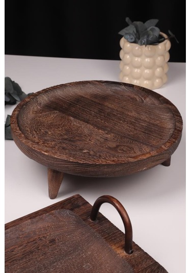 Bambum 2 Parça Pavlonya Elegant Ahşap Sunum Ve Servis Seti Kulplu Dikdörtgen Ve Yuvarlak Servis Tabakları Ahşap