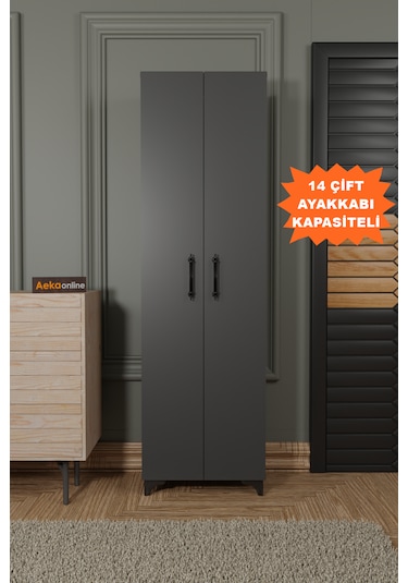 Ae-3085 Selen Antrasit Ayakkabılık, 7 Raflı, Ayaklı, 2 Kapaklı Antrasit